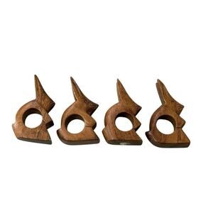 Vintage Wood Carved Rabbit Bunny Figural Napkin Rings Easter Spring Lot Of 4